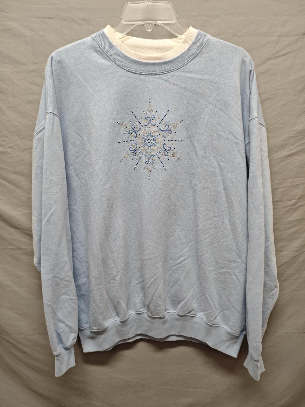 MC Sportswear Sweatshirt Womens XL Light Blue Embroidered Snowflake Rhinestone